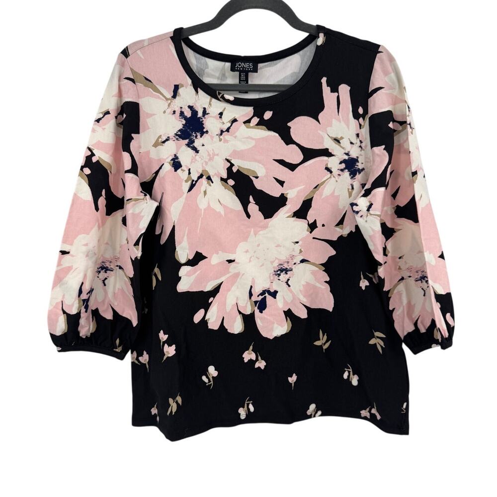 Jones New York Womens Petite PL Floral Blouse Black Pink 3/4 Sleeve Knit Top